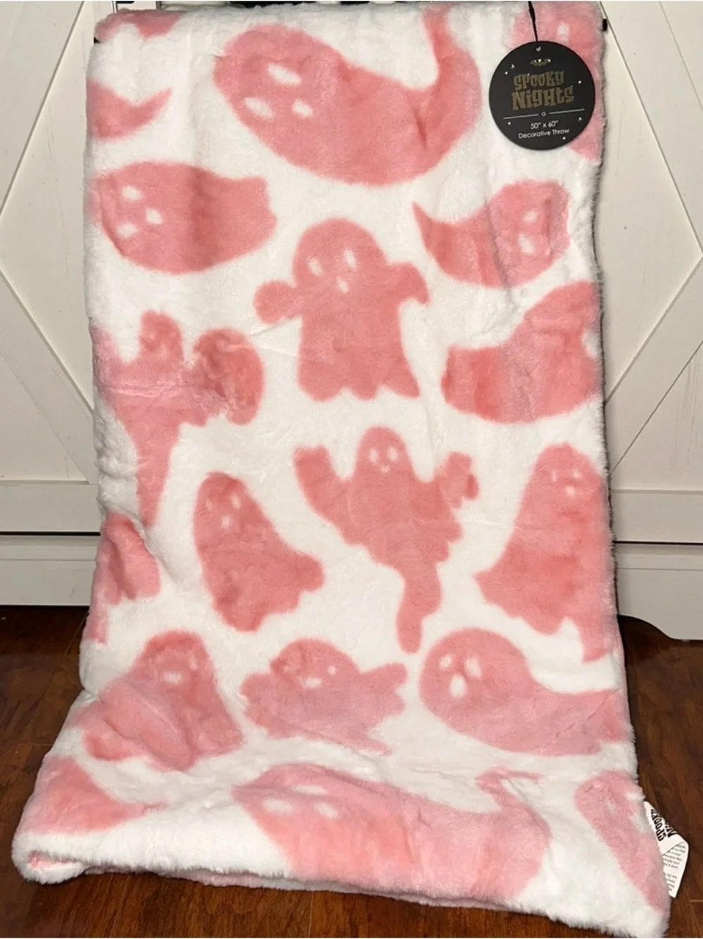Spooky Nights Pink & White Ghost Faux Fur Throw Blanket
